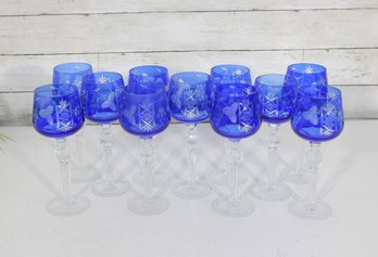 Set Of 11 Cobalt Blue Cut To Clear Wine Glasses  8.5 Tall Crystal Stemware