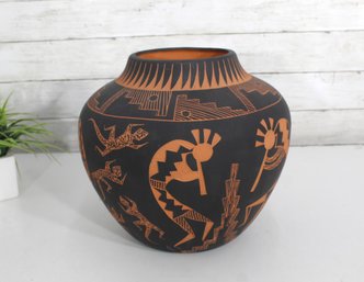 Acoma Pueblo Pottery Vase  Sky City Etched Black And Red Kokopelli Design, 11.5'