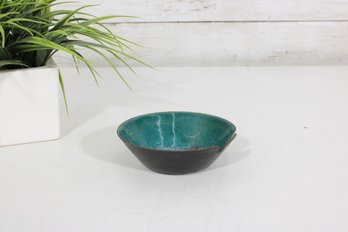 Vintage Enamel On Copper Ashtray  Teal Green Abstract Design  4.5 Mid-Century Dish