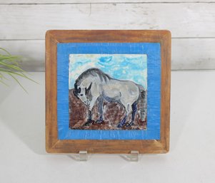 Signed Framed Ceramic Tile Painting  Horse Study  Brokenshaw  Folk Art Style  8.5 X 8.5