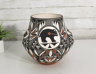 Acoma Pueblo Pottery Vase By Adrian Trujillo  Hand-Painted Bear Motif, 10'