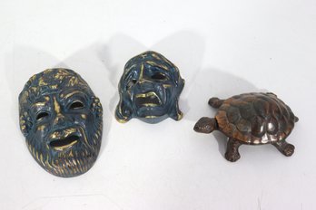 Vintage Decorative Metal Masks & Turtle Trinket Box  Bronze Tone Art Objects (Lot Of 3)