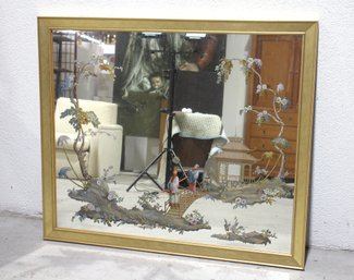Vintage Chinoiserie Reverse Painted Mirror  Gold Frame & Asian Scenic Design