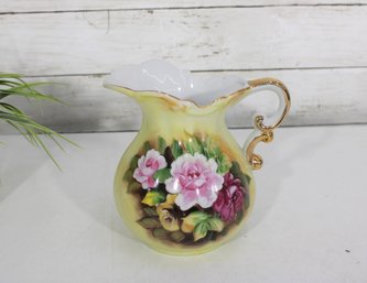 Vintage Hand-Painted Floral Porcelain Pitcher  Yellow & Pink Roses  Gold Handle  6' Tall