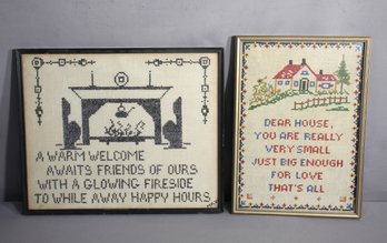Charming Pair Of Vintage Cross-Stitch Embroideries
