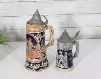 Vintage German Beer Steins With Pewter Lids  Figural & Relief Scenes  7' & 10' (Set Of 2)