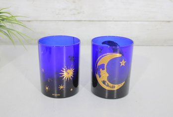 Vintage Culver Celestial Cobalt Blue Glasses  22K Gold Sun Stars & Moon  4 High  Set Of 2