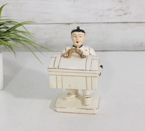 Vintage Japanese Porcelain Figurine Box  Asian Man W/ Serpent Handle Chest, 6' H