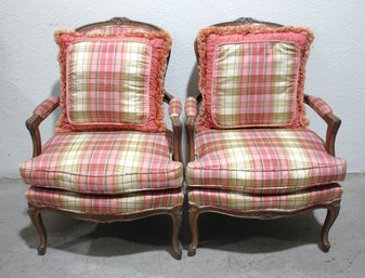 Pair Of French Louis XV Style Armchairs  Plaid Upholstery & Carved Wood Frames