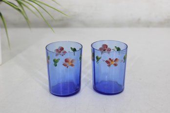Pair Of Handpainted Cobalt Blue Glass Shot Glasses  Floral Design  2.5 Tall