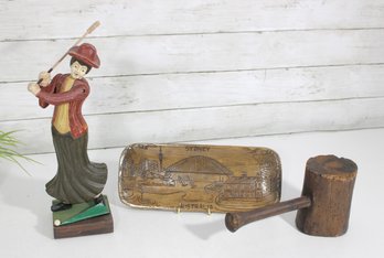 Vintage Decorative Group Lot  Carved Wood Sydney Australia Tray, Wooden Mallet & Lady Golfer