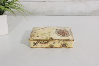 Wedgwood Atlas Trinket Box  Porcelain Lidded Box W/ Compass Map Design, 5.5' X 4.5'