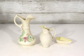 Vintage Belleek-Style Porcelain Miniature Pitchers & Shell Dish  Irish Creamware Set (3 Pieces)