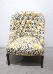 Vintage Tufted Slipper Chair  Leopard Print & Scenic Motif Upholstery
