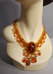 #23--Vintage 1970s Handmade Faux Amber Bib Style Costume Necklace