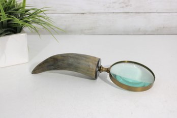 Vintage Horn Handle Magnifying Glass  Brass Frame W/ Green Tinted Lens, 11'