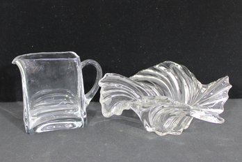 Vintage Art Glass Centerpiece Bowl & Clear Glass Pitcher  Mid-Century   11' Bowl & 7' Pitcher