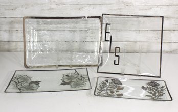 Set Of 4 Vintage Glass Serving Trays With Silver Inlay  Floral & Monogram Designs