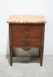 Antique French Marble-Top Nightstand  Parquetry Inlay & Brass Hardware