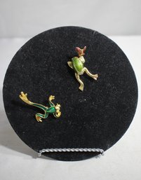 #20-pair Of Vintage Enameled Frog Brooch Pin Green Gold Tone Metal