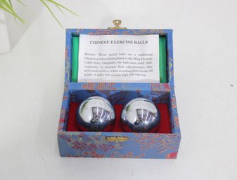 Chinese Exercise Baoding Balls In Decorative Silk Box  Polished Metal Meditation Stress Balls