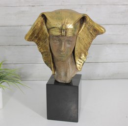 Gilt Terracotta Bust Of Egyptian Queen On Plinth Base  14' H