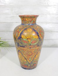 Vintage Hand-Painted Decorative Vase Floral Multicolor Folk Art Style 14'