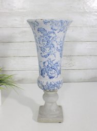 Blue & White Floral Ceramic Trumpet Vase On Pedestal Base  15.5' H