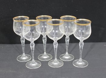 Beautiful Set Of Six (6) Vintage Clear Wine Glasses Featuring Elegant Gold Rims And Decorative Twisted Stems.