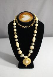#3-Bold Vintage Necklace With Hammered Gold Pendant And Mixed Beads