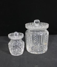 Vintage Cut Glass Lidded Jars  Pair  Pressed Crystal Vanity Storage Canisters  5 & 7