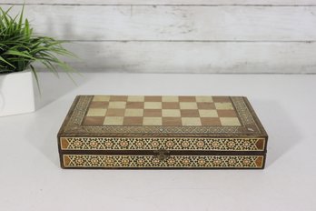 Vintage Inlaid Wooden Backgammon & Checker Board Game Set  Folding Case  11.5' X 11.5'