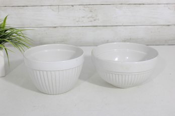 Pair Of White Ribbed Ceramic Mixing Bowls  Made In Portugal  6 & 6.5 Diameter
