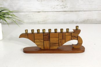 Mid-Century Modern Olive Wood Menorah  Made In Israel  10 X 4