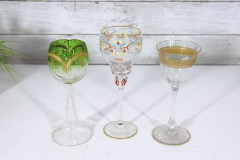 Vintage Hand-Painted & Gilt Stemmed Wine Glasses  Enamel Decor  7' & 7.5' H (Set Of 3)