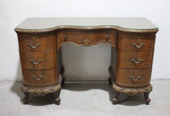Vintage French Provincial Vanity Desk  Ornate Wood & Brass, 31H