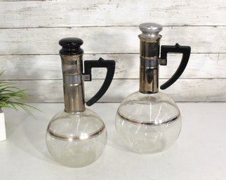 Vintage Mid-Century Glass Carafe Pair  Chrome Trim & Black Handles  Matching Set With Cork Stoppers