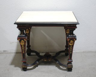 Antique Renaissance Revival Side Table  Ornate Hand-Painted Base & Marble Top, 28H