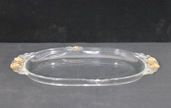 Vintage Mikasa Oblong Canap Tray  Clear Glass W/ Gilded Rose Accents  15 3/4 Floral Serving Platter