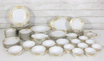 Vintage Kongo China Partial Dinnerware Set  White W/ Gold Floral & Gilt Trim  Teacups Plates Serving Pieces