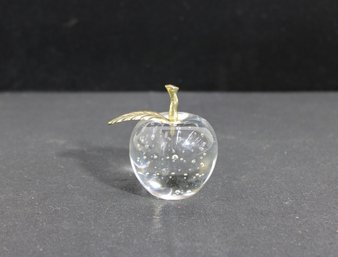Vintage Art Glass Apple Paperweight  Controlled Bubble Glass  Brass Leaf Stem  3 Tall