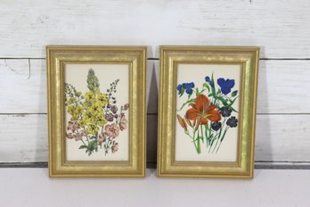 Vintage Pair Framed Botanical Floral Prints Gold Frames Wall Art Cottagecore