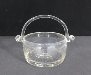 Vintage Hand Blown Crystal Basket Bowl  Wheel Cut Floral Design  Handled Glass  7 X 6