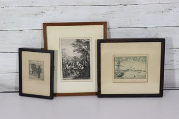 Antique Framed Etching & Engraving Lot Of 3 Black & White Prints Wall Art