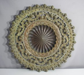 Antique Ornate Metal Wall Medallion With Intricate Filigree Design