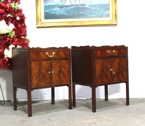 'Pair Of Vintage Baker Furniture Mahogany Nightstands With Flame Veneer'