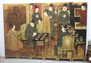 Large Hand-Painted 6-Panel Asian Folding Screen  82.5H X 119.5W