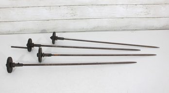 Lot Of 4 Antique Industrial Gear Shafts  23 Long Steel Rods W/ Sprocket Gears  Steampunk Decor