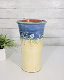 French Art Pottery Vase  Hand Painted Blue & Yellow Floral  11'H  Made In France