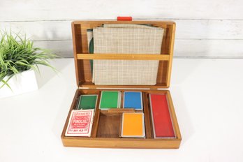 Vintage Wooden Card & Game Set Box Playing Cards Chips Felt Complete
